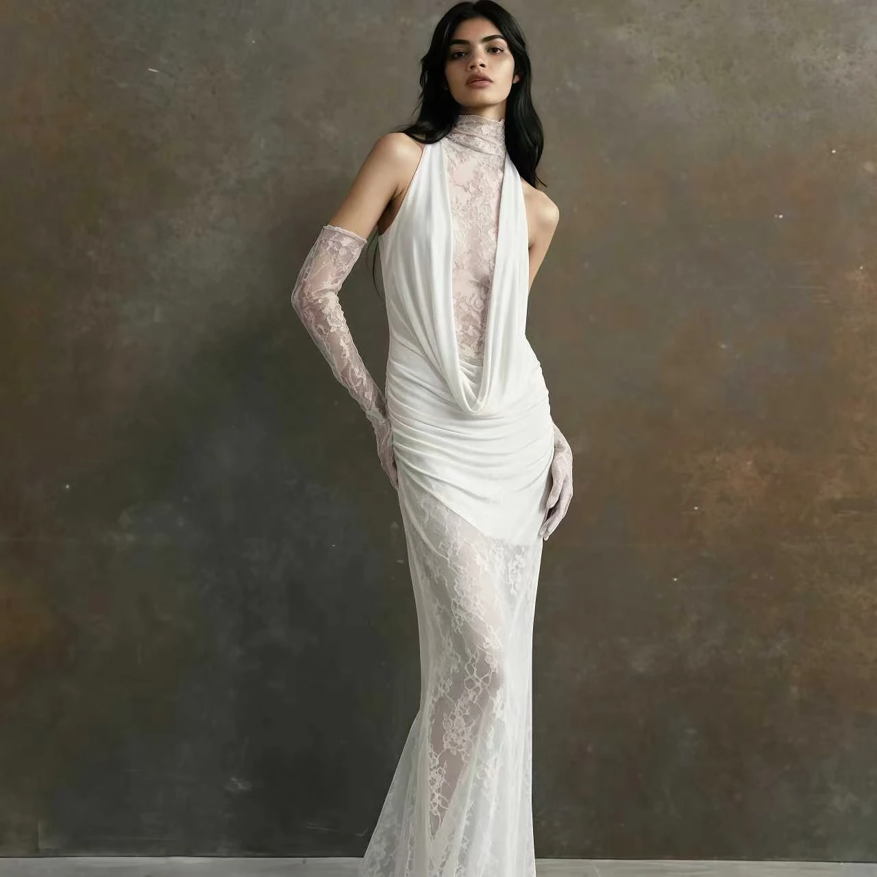 Sexy Turtleneck Lace Patchwork Flods Long Dress With Gloves Women Sleeveless Pleated Dresses Evening Party Cocktail