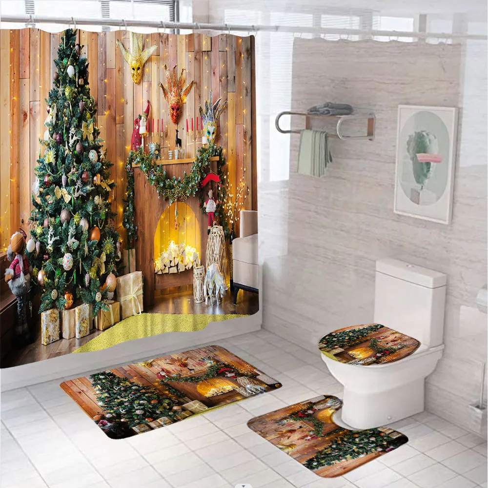 Chrismtas Tree Fireplace Shower Curtain Set Xmas Socks Bathroom Decor Winter New Year Bath Mat Non Slip Rug Carpet Toilet Cover