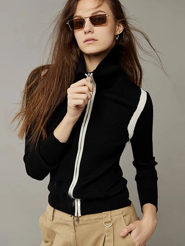 

Модный вязаный женский кардиган с длинными рукавами, цветным блочным дизайном, двойной молнией, винтажная верхняя одежда для ранней осени