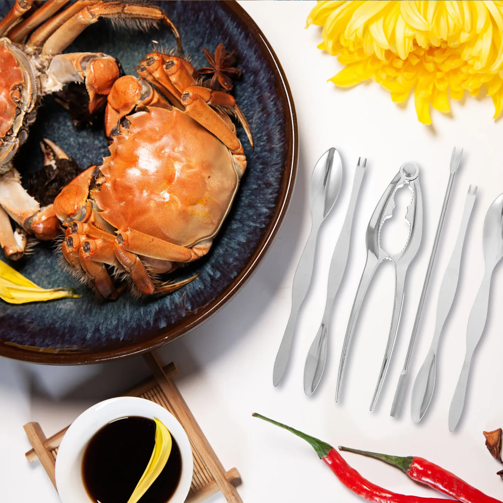 

1 Set Stainless Steel Eating Tools Set Seafood Tool Kit For Lobster Crab Scissor Plier Spoon Fork Clamp Kitchen Gadget Crab Leg