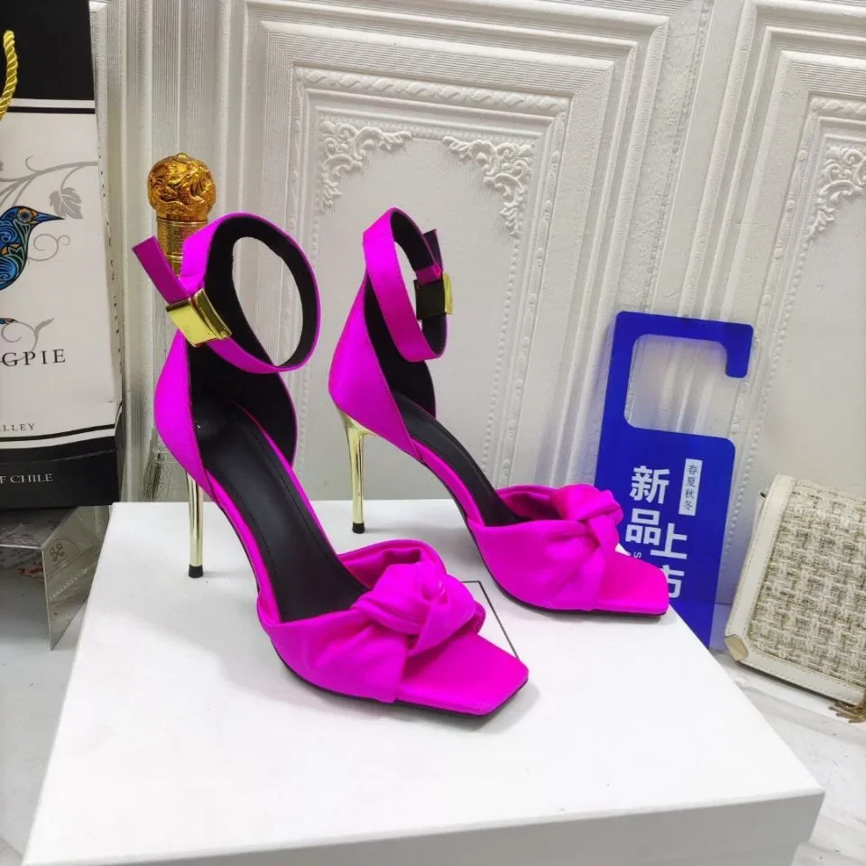 

Satin Butterfly Knot Sandals Metal Stiletto Heel Sexy High Heels Ankle Strap Fashion Women Sandals Solid Color Square Toe Shoes
