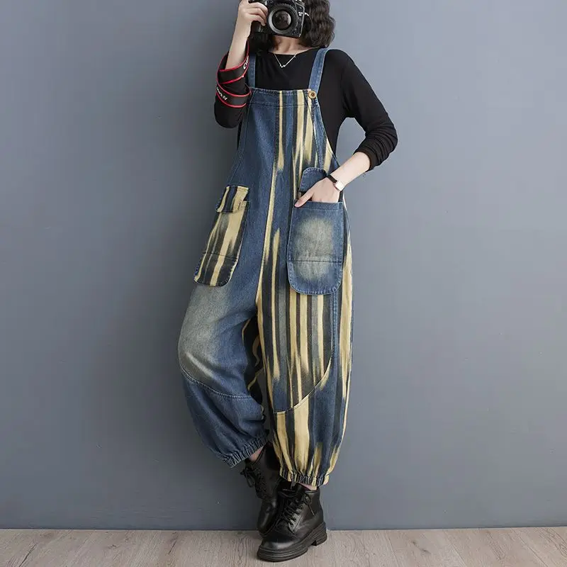 Autumn new jumpsuit Korean version fashionable contrasting color split large pocket casual denim jumpsuit for women