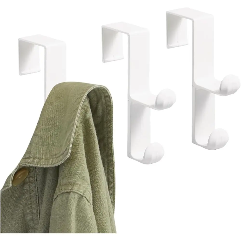 

Over the Door Plastic Dual Hook Hanger for Coats, Hats, Robes, Towels, Ideal for Bathroom, Bedroom, Mudroom, Set of 3, White