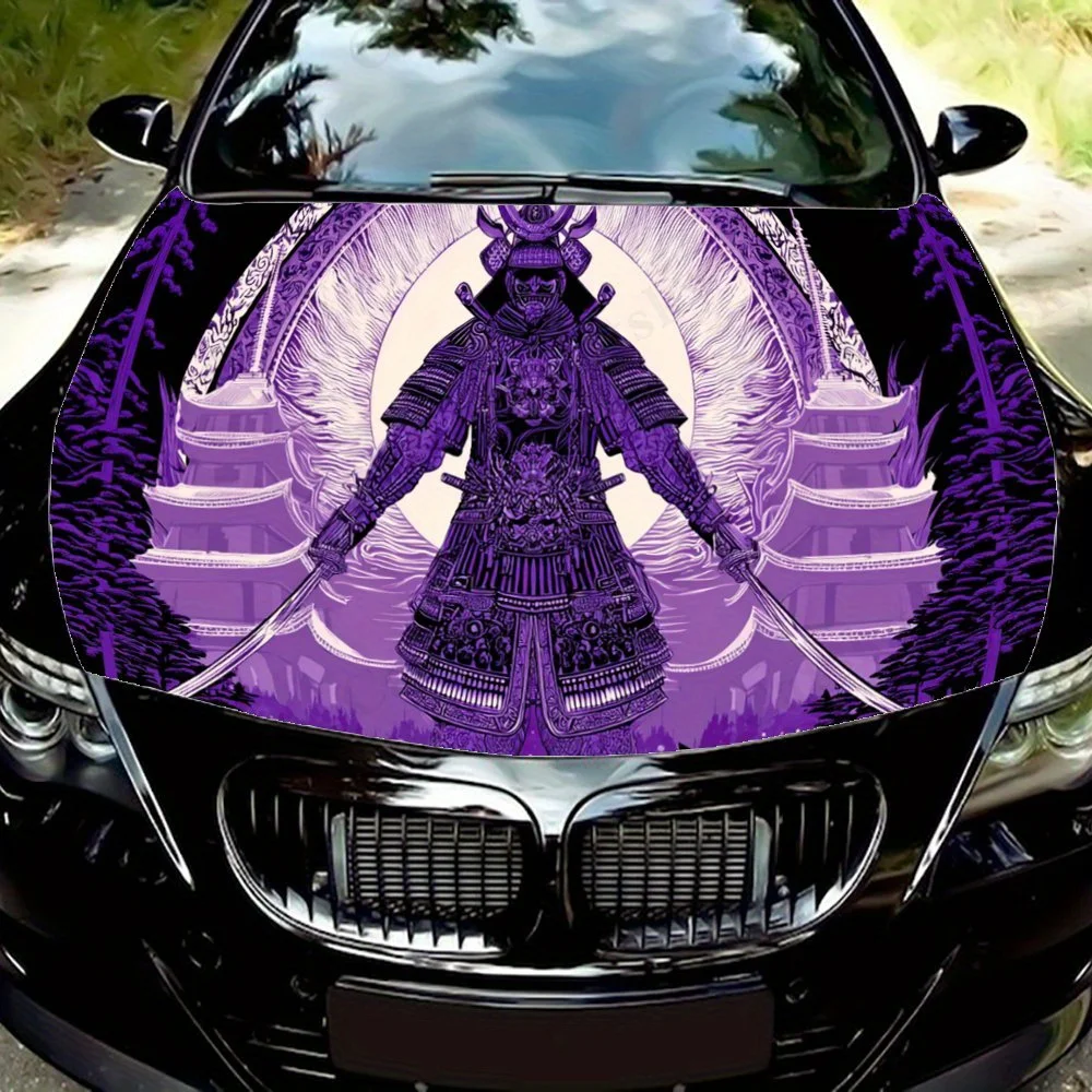 

Samurai Spirit under Purple Moon Car Vinyl Wrap, PVC Waterproof Car Hood Sticker, Self-Adhesive Scratch-Resistant Stickers for E