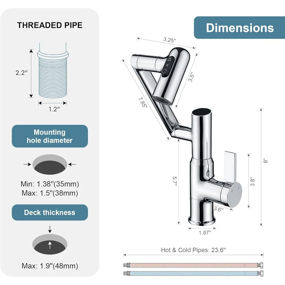 Contemporary Chrome Rotatable Bathroom Faucet with Pop-Up Sink Drain Stopper, No Overflow, Modern Design