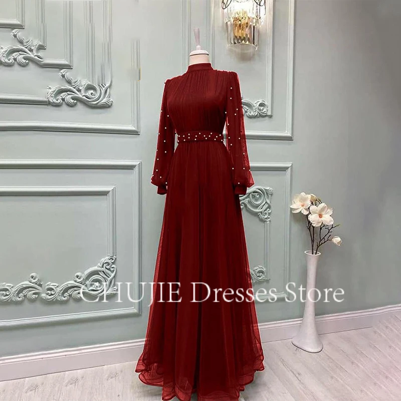 

Customized Pearls Evening Dresses Muslim Formal Dresses Gowns High Neck Dubai Saudi Arabia Long Sleeves Evening Gown Party Dress