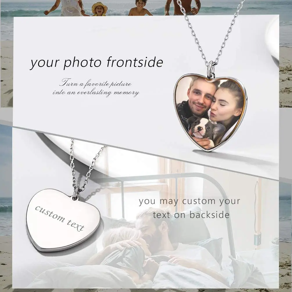 PROSILVER Personalized Gifts for Family Couple Custom Photo/Text Heart Pendant Necklace 925 Sterling Silver Chains PYP15062B