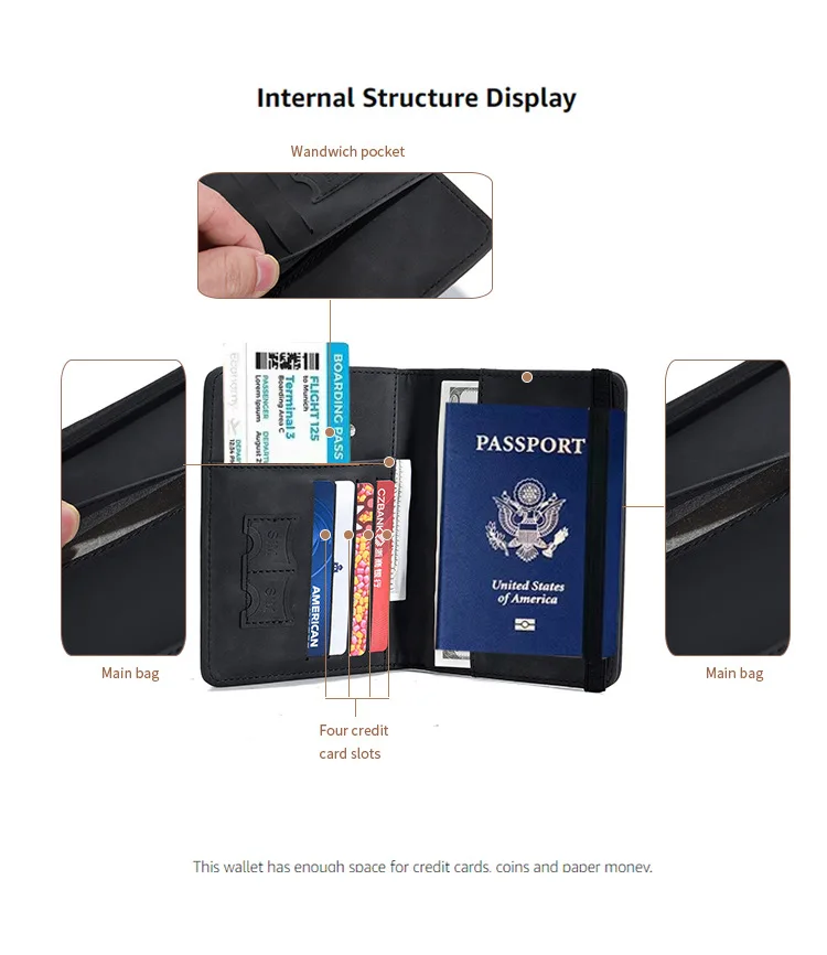 Saco de passaporte Rfid, saco que muda de cor, escova anti-roubo, titular do cartão pu, com vários bolsos do armário, documentos documentais