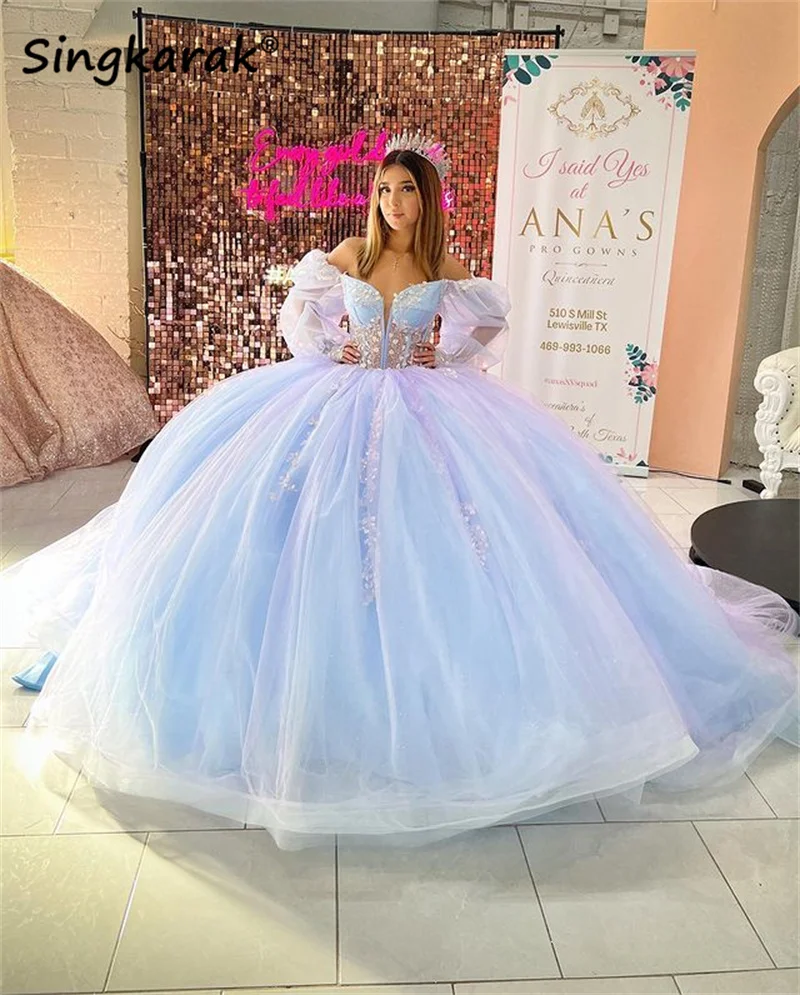 

New Arrival 2023 Quinceanera Dress Ball Gown 2022 Sweet 16 Girl Beads Appliues Sequins Puffy Sleeve Graduation Party Princess