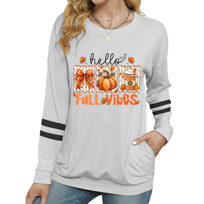 Outono temporada feminina manga longa camiseta outono vibrações gráfico camisetas macias de manga comprida outono abóbora novo design camisas femininas