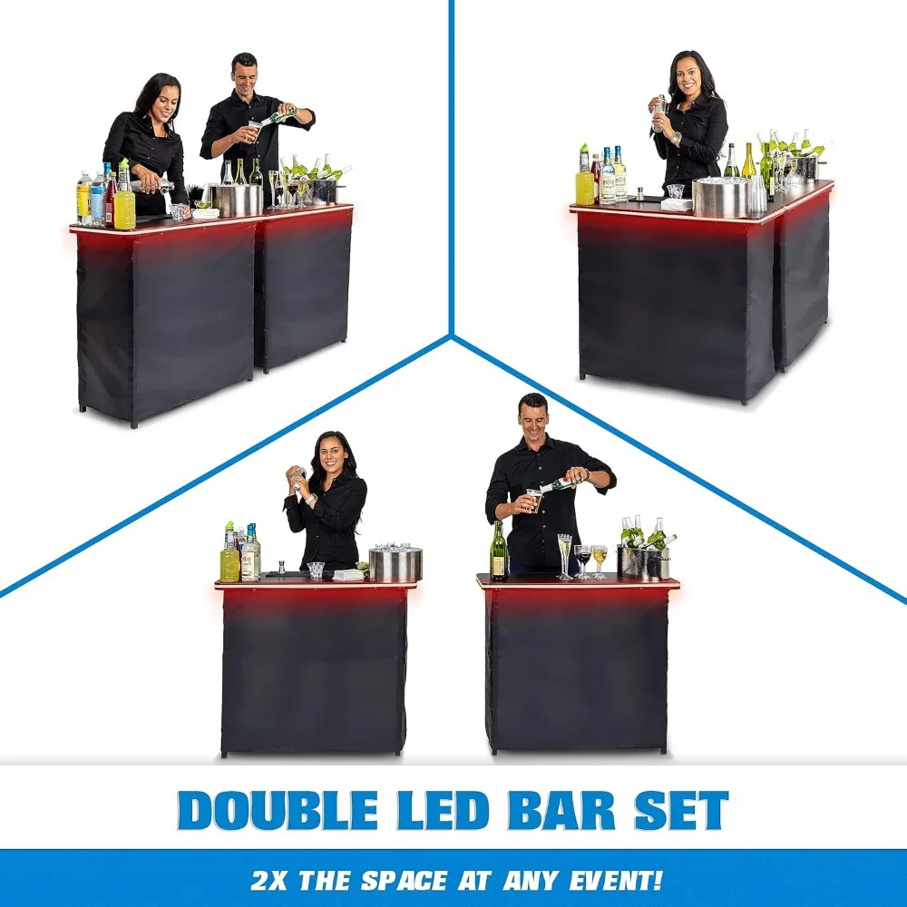 Portable Double Bar Table Set with Multi-Color LED Lights - Mobile Bartender Station for Events - Includes Carrying Case