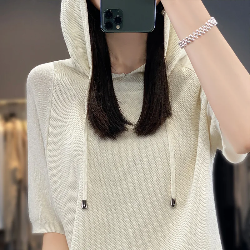 Women New Summer Cool Short-sleeved Tees Hooded Collar Fashion Solid Color Pullover T-shirt Casual Knit Loose All-match Top