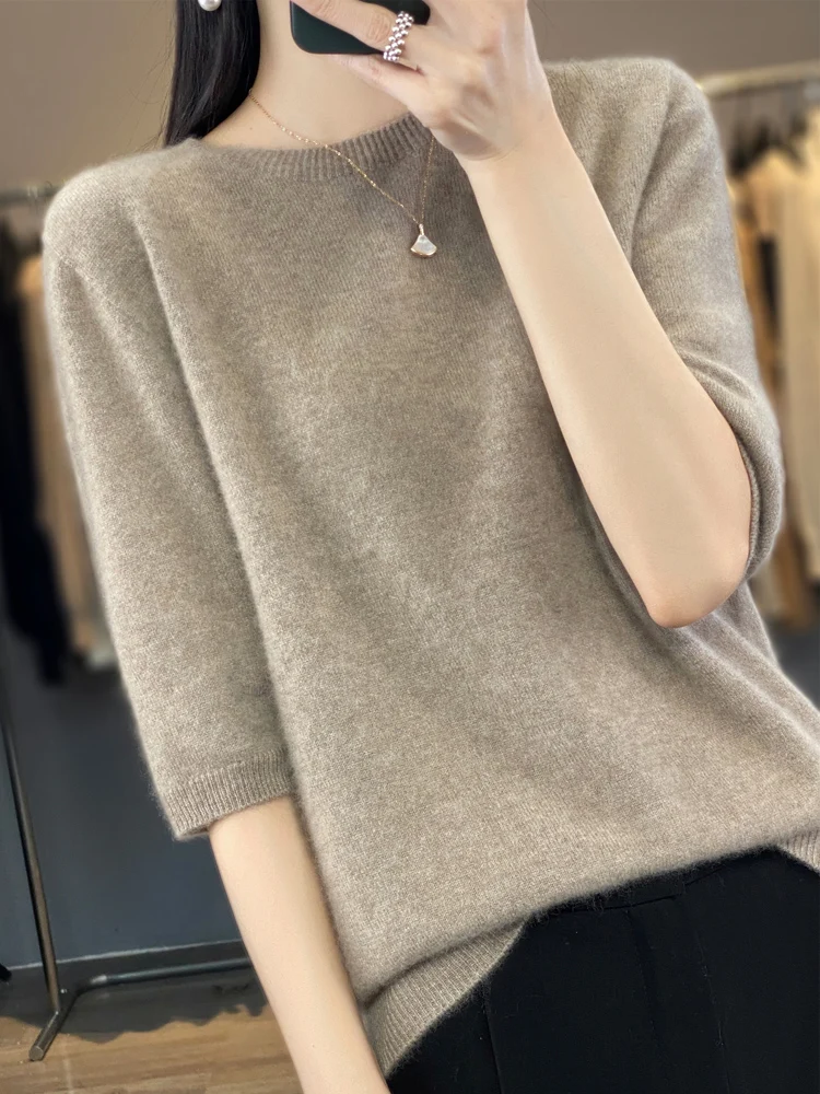 Yoyoselect Women 100% Merino Wool Sweater O-Neck Seamless Pullover Casual Half Sleeve Knitwear Soft Cashmere Jumpers Clothing