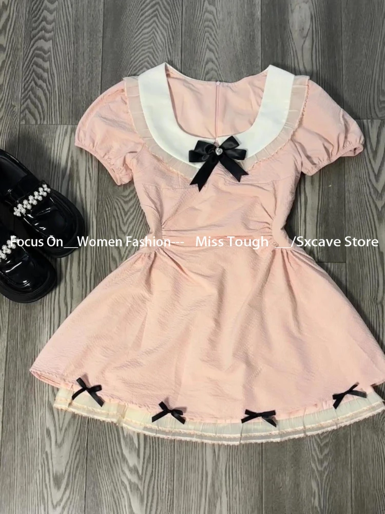 Elegant Short Sleeve Kawaii Mini Dress Women Casual 2000s Vintage Y2k Clothing Japanese Sweet Pink Dress Evening Party Chic