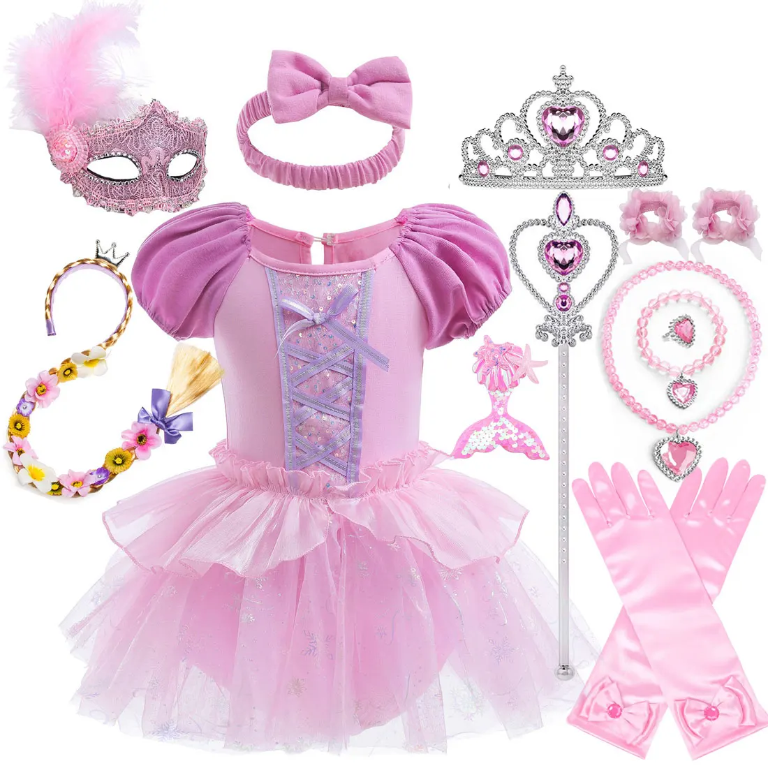 

Disney Rapunzel Princess Skirt Baby Girl Pink Cute Short-Sleeved Baby Girl Conjoined Lace Dress + Headband Accessories Set