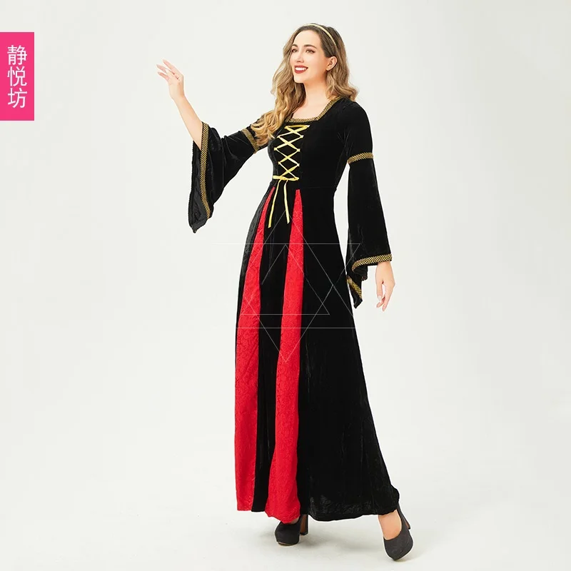 

Бархатная длинная юбка на Хэллоуин для взрослых, косплей, оперный танец, красная королева, винтажный замок Доктора, тема, этнический сценический костюм