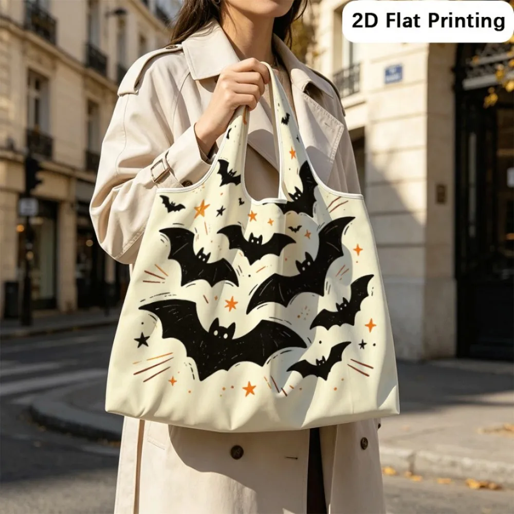 Bats fly beneath crescent moon Foldable tote bag, shoulder carry design for casual daily style.