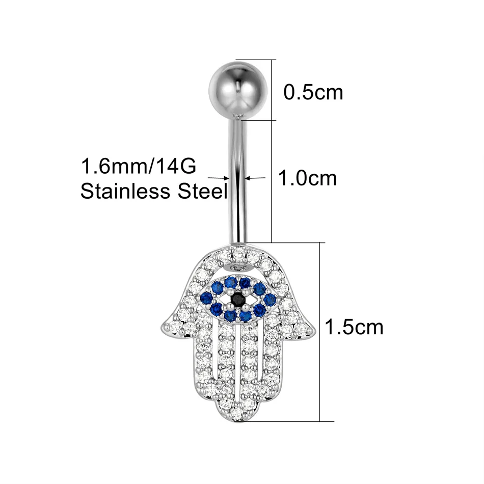 Bohemia Hamsa Hand With Eye Navel Ring 14G 10mm Surgical Steel Barbell Belly Button Ring Piercing Ombligo Turkish Lucky Jewelry