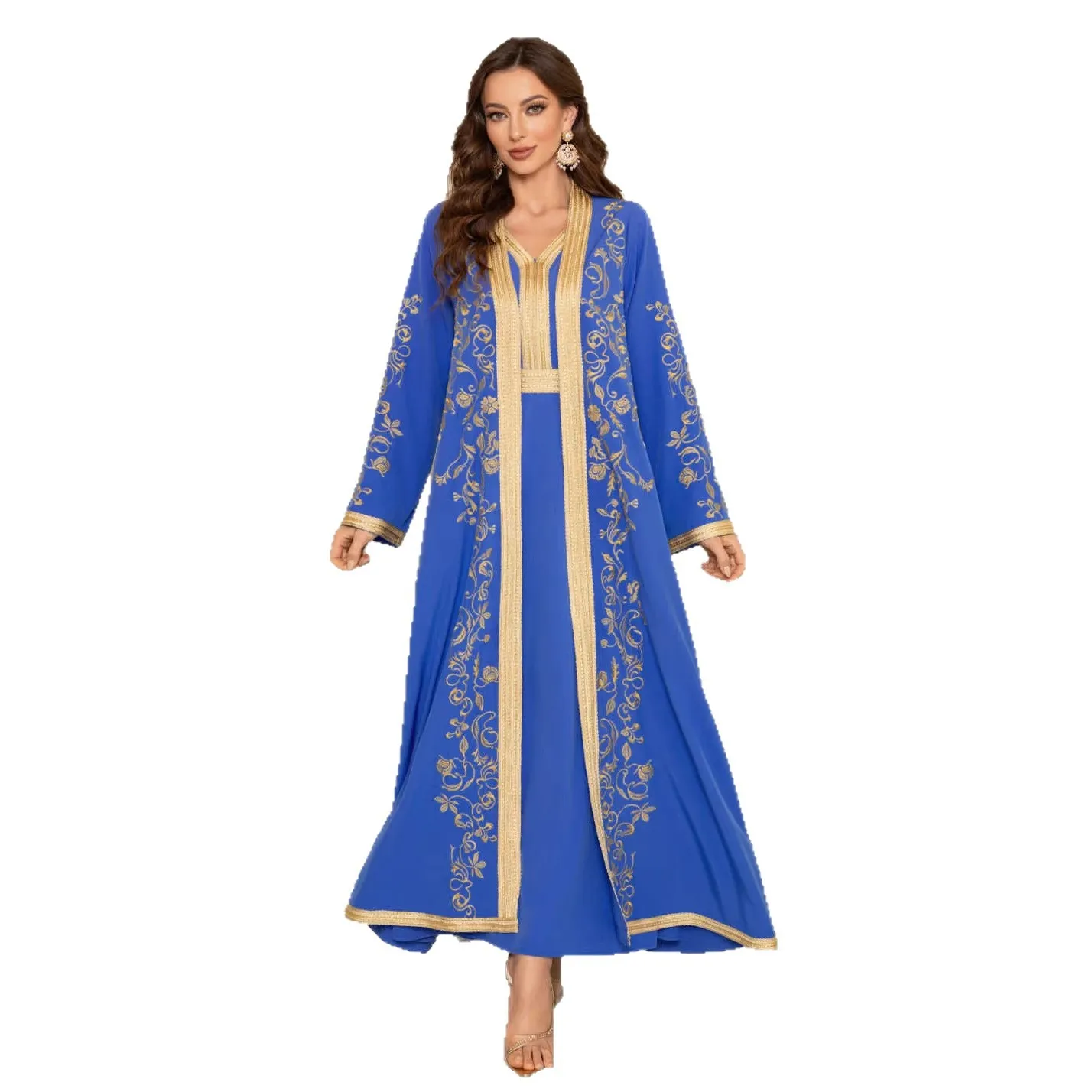 Traje de Vestir para Mujer, Eid Musulmán, Abaya, Vestidos de Fiesta, Conjunto de 2 Piezas, Cárdigan, Túnica, Jalabiya, Bordado, Ramadán, Dubái, Caftán, Vestidos