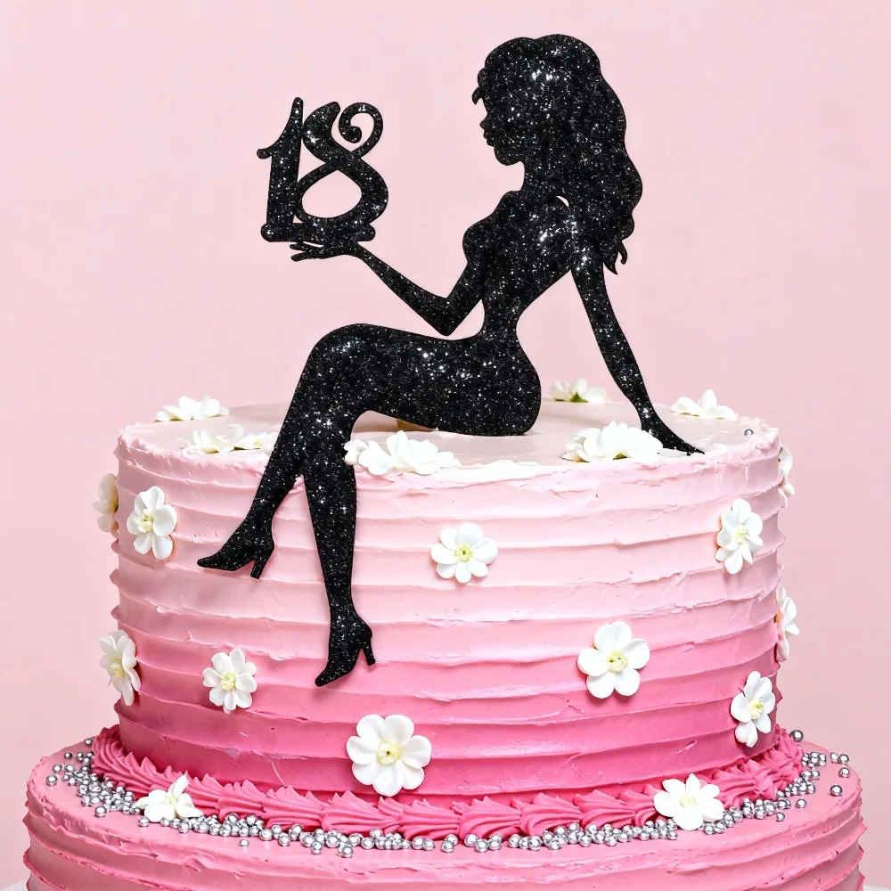 1 Stück Kuchenaufsatz zum 18. Geburtstag, schwarze Papier-Silhouette für kleine Mädchen für 18-jährige Geburtstagsparty-Dekorationen für Frauen – Detail 3
