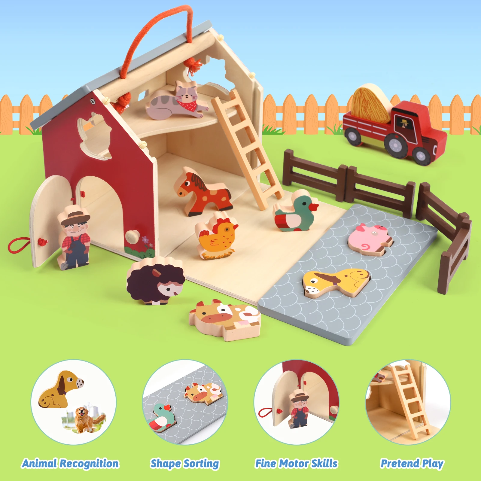 Wooden Farm Toys for 2 3 Year Old, Farm Animals for Toddlers 1 - 3 with Big Barn and Tractor, Sorting Stacking Learning Toys for