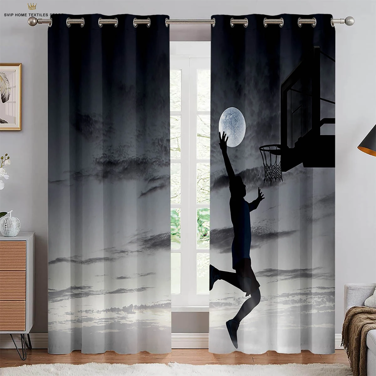 2 Pieces Of Cool Basketball Print Curtains Slam Dunk Flame Bedroom Living Room Kids Room Decorative Curtains