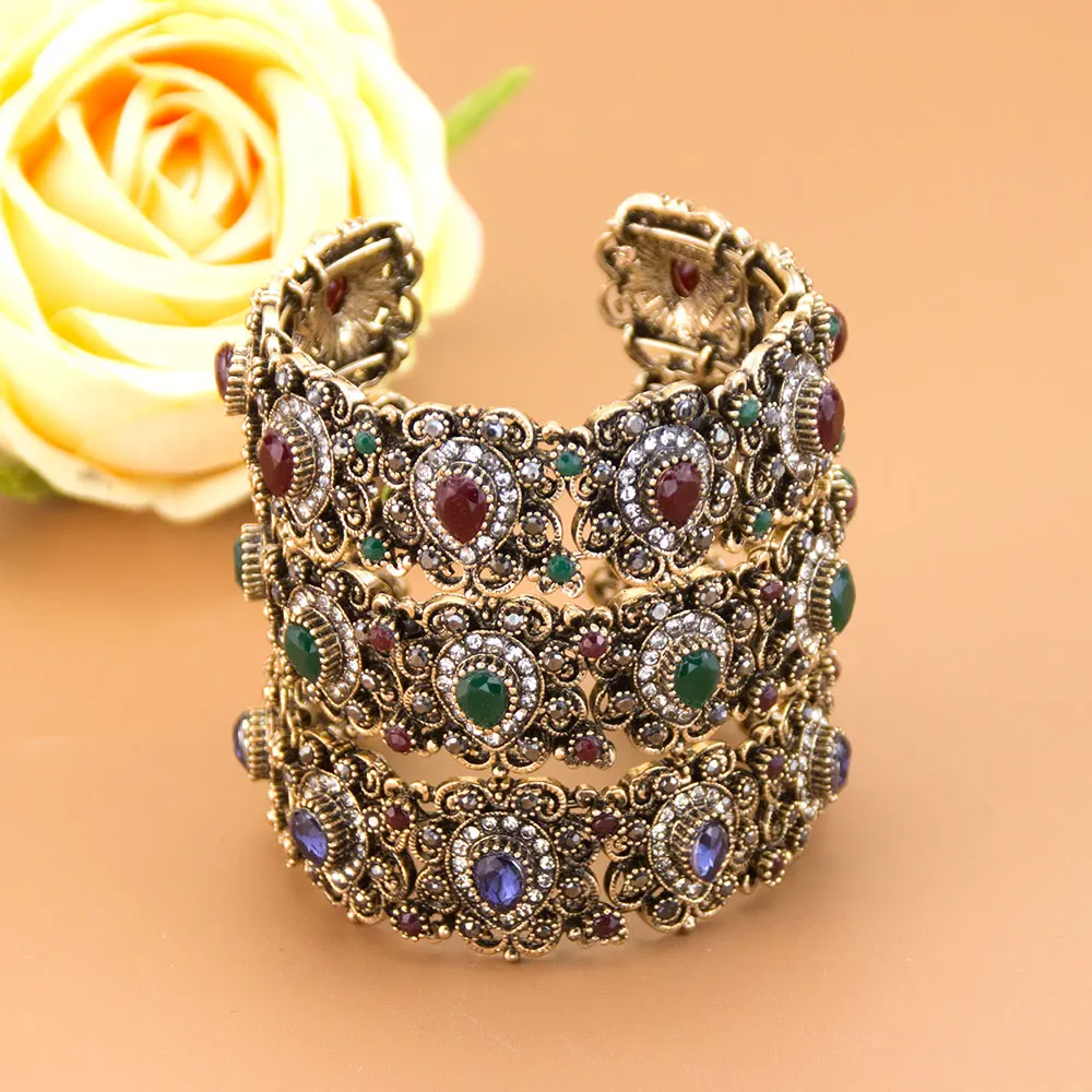 Retro Vintage Turkish Women Bangle Antique Gold Color Indian Ethnic Cuff Bracelet Arabic Traditional Bridal Jewelry - view 2