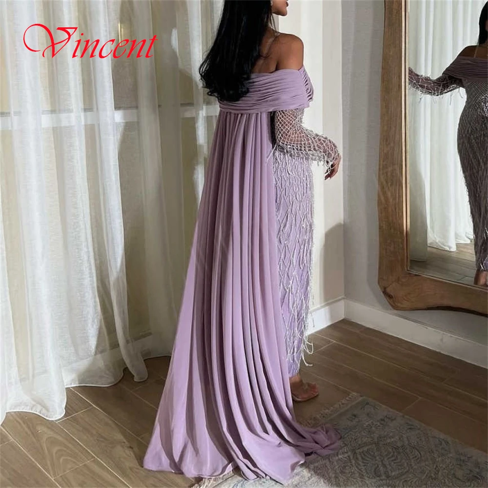 Customized Graceful Purple Jersey Evening Dress Formal Boat Neck Long Sleeves Celebrity Gowns Delicate Tassel Beading Prom Dress