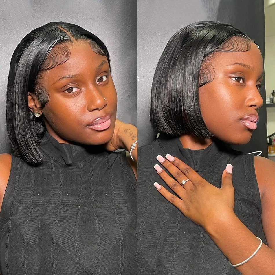 Wig Lurus Bob Pendek 100% Rambut Manusia 13X4 Wig Renda Depan Transparan dengan Kepadatan 200 Pra Pencabutan 4X4 Wig Renda Depan 12 14 Inci