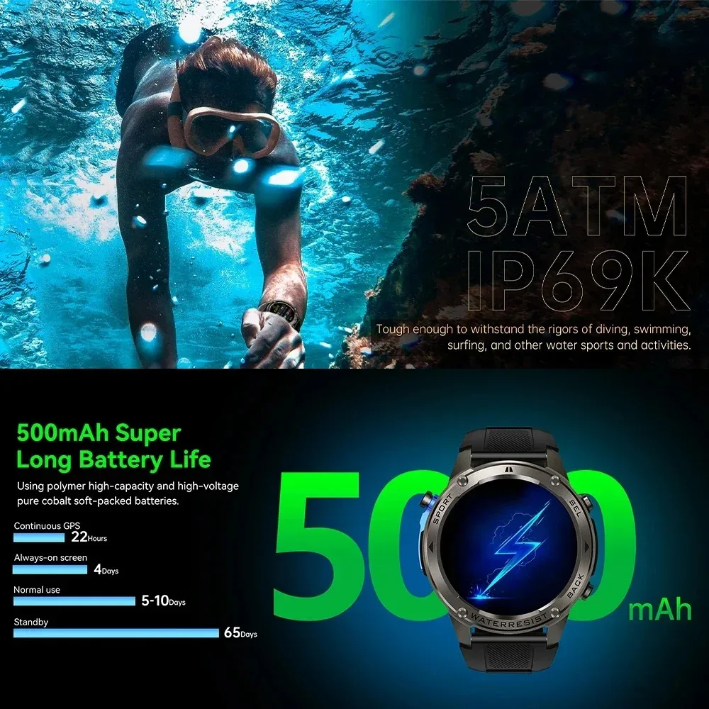 2025 جديد نظام تحديد المواقع عبر الأقمار الصناعية ساعة ذكية الرجال 500 mAh 1.43 بوصة AMOLED 5ATM مقاوم للماء معدل ضربات القلب الرياضة في الهواء الطلق Smartwatch