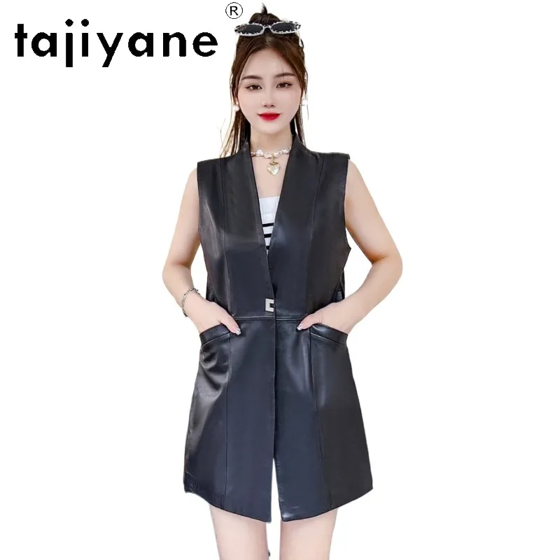 TAJIYANE Genuine Leather Vest Mid Length Leather Jacket Woman Sheepskin Gilet Black Sleeveless Jackets for Woman Veste Femme