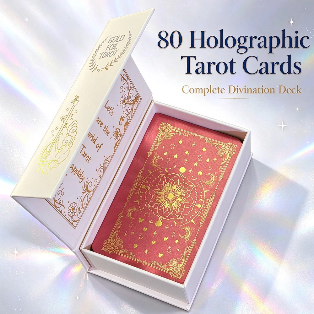 7*12cm Premium Red Gold Foil Tarot Cards PET Glitter Laser Holographic Divination Deck with Guidebook Luxury Gift Box Board Game