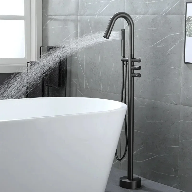 Freestanding Bath Spout Shower Floor Mount Set Mixer Valve Knob Bathtub Filler Taps Black/Brushed Gold/Gun Gray YX059WY