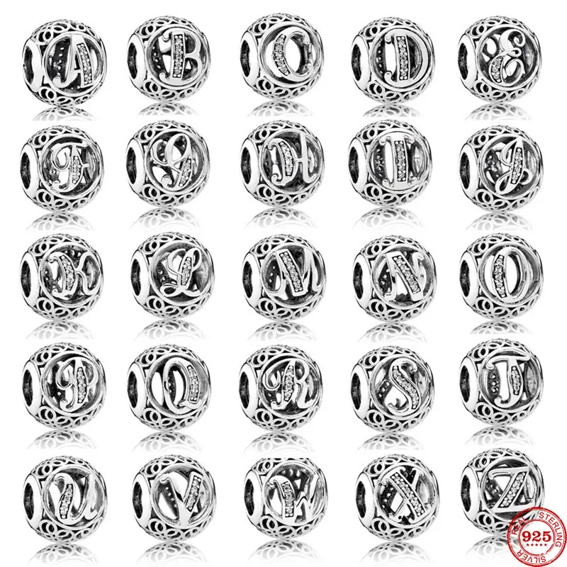 New 925 Sterling Silver Hollowed-out Carving 26 Letters Charm Beads Suitable For Original DlY Bracelet Women's Fashion Gift