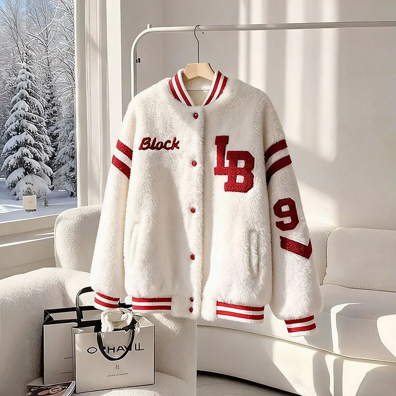 

Lamb Fur Baseball Jacket Women's Winter Thickened Warm Small Size Coat Integrated Leather And Fur White Color Commute Style