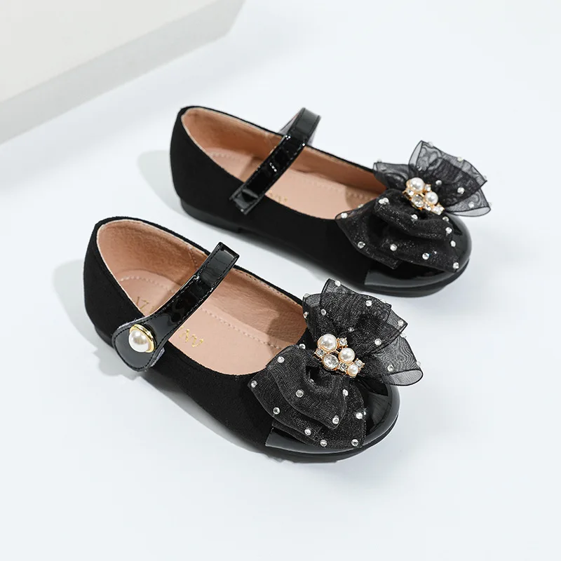 

Girl's Mary Janes Pearl Shallow Black Non-slip Leather Shoes Children Princess Party Shoes Fashion All-match Kids Bowknot Flats