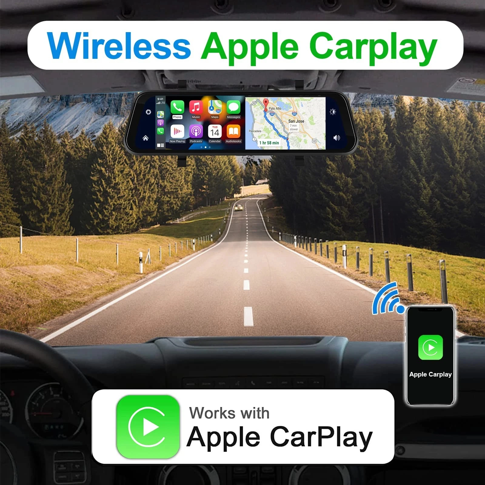 9.66 "4K كاميرا مرآة الرؤية الخلفية مع Carplay أندرويد السيارات شاشة تعمل باللمس كاميرا احتياطية كاميرات الرؤية الأمامية والخلفية المزدوجة للسيارة #2
