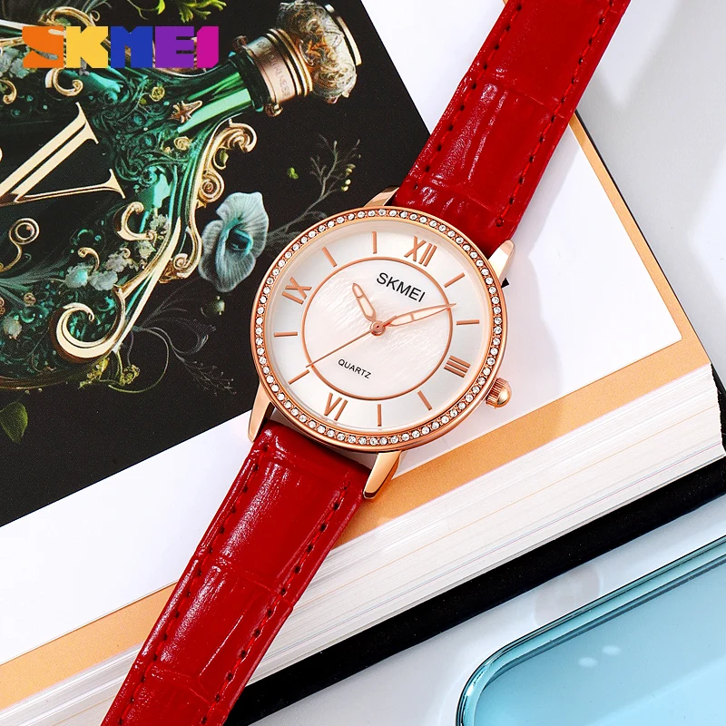 SKMEI موضة ساعة نسائية فاخرة كوارتز ساعات المعصم للنساء هدايا ماركة جلدية السيدات ساعات ذهبية وردية Reloj Para Mujer