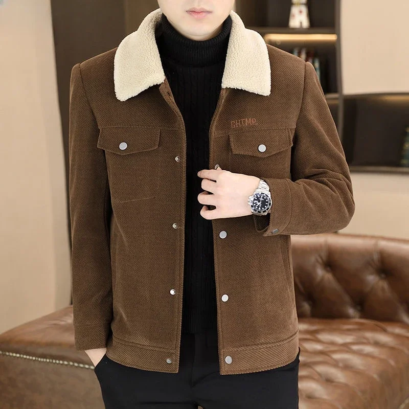 Winter New Men Thicken Lamb Fur Warm Short Woolen Coat Male Fashion Casual Large Size Jacket Solid Color Polo Collar Outwear