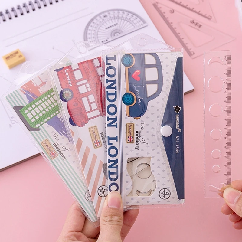 1set Kawaii Cartoon Straight Triangle Ruler Protractor Drafting Drawing Student School Office Exm Supplies