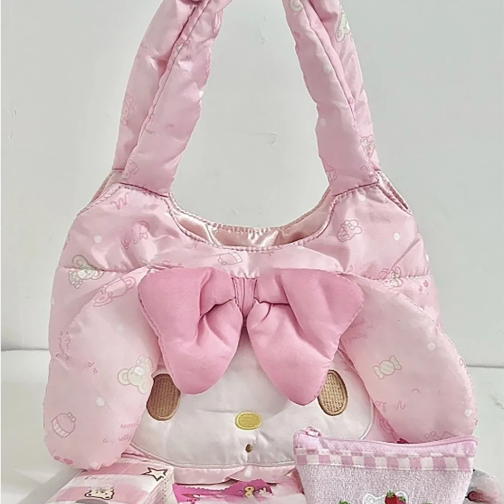 New Miniso My Melody Shoulder Bag Cute Soft Cotton Down Tote Y2k Girl Sweet Pink Girl Large Capacity Dopamine Crossbody Bag