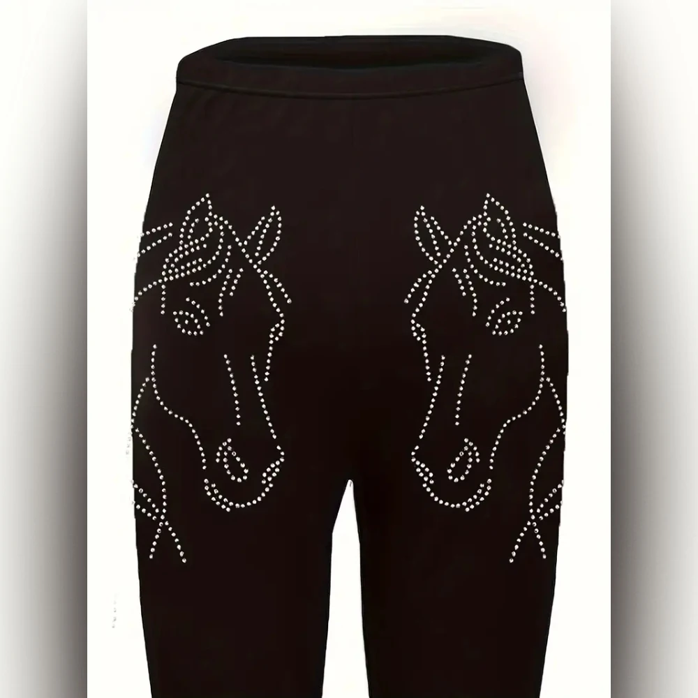 Horse-head print elastic elastic waist slim casual leggings for women