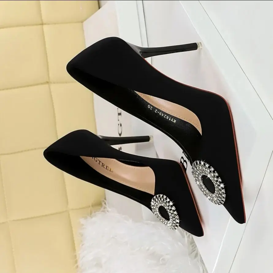 

BIGTREE 2025 New Fashion Pointed toe Satin Rhinestone Buckle Nightclub Shoes Stripper Thin Heels Female Pumps zapatos de mujer