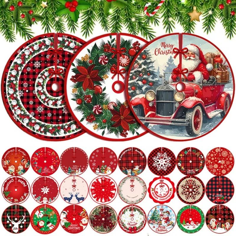 

2025 Christmas Tree Mat 90cm Round Elk Santa Design Printed Polyester Skirt Vintage Rustic Decor for Xmas Party New Year Home