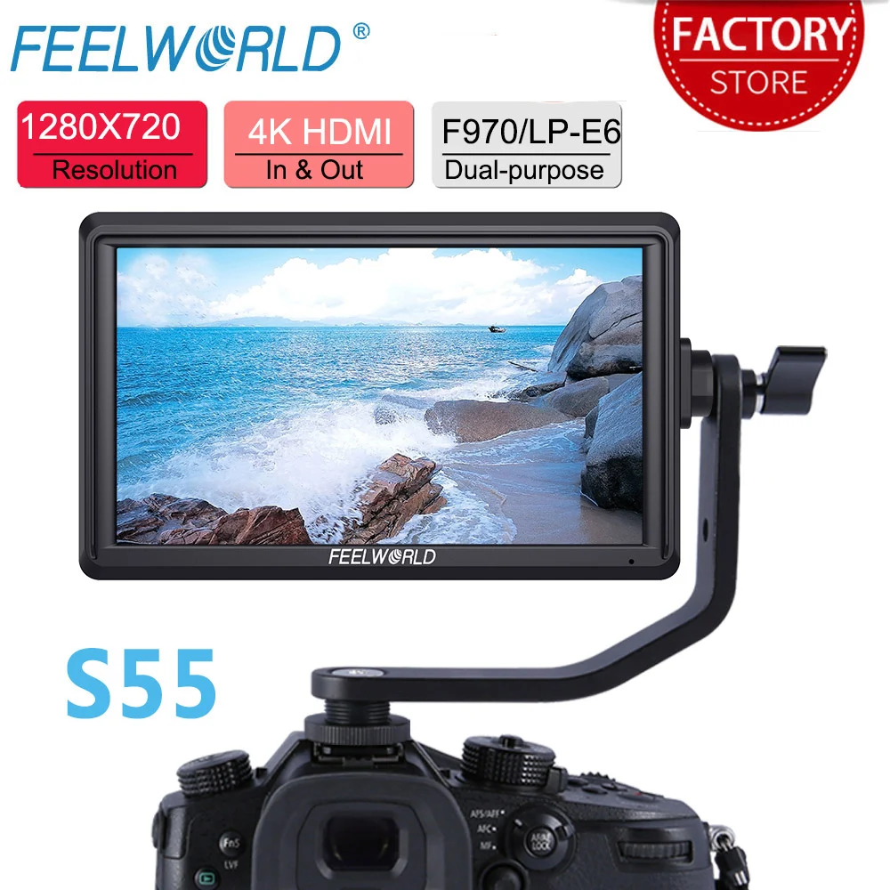 

FEELWORLD S55 5.5 Inch IPS on Camera Field DSLR Monitor Focus Assist 1280x720 Support 4K HDMI Input DC Output Include Tilt Arm