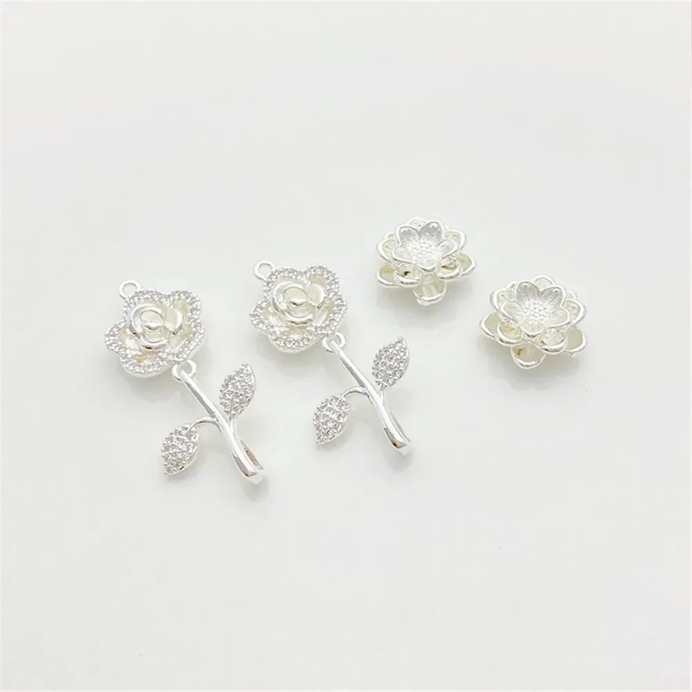 구리 도금 925 실버 컬러 지르콘 체리 로즈 펜던트 비즈 수제 DIY 스트링 팔찌 목걸이 보석 재료