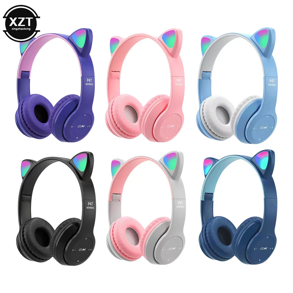 

Cute Cat Ear Bluetooth-compatible Headset with LED Wireless Headset Children Girls Gift Stereo Music Sports Headset with Mic