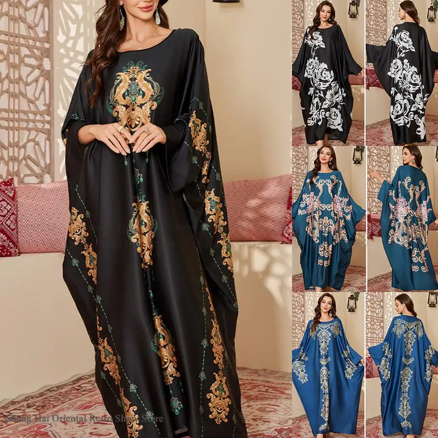 

Plus Size Women's Nightgown Homewear Muslim Party Dress Print Floral Bat Sleeve Long Robe Nightdress Loose Sleepwear Loungewear