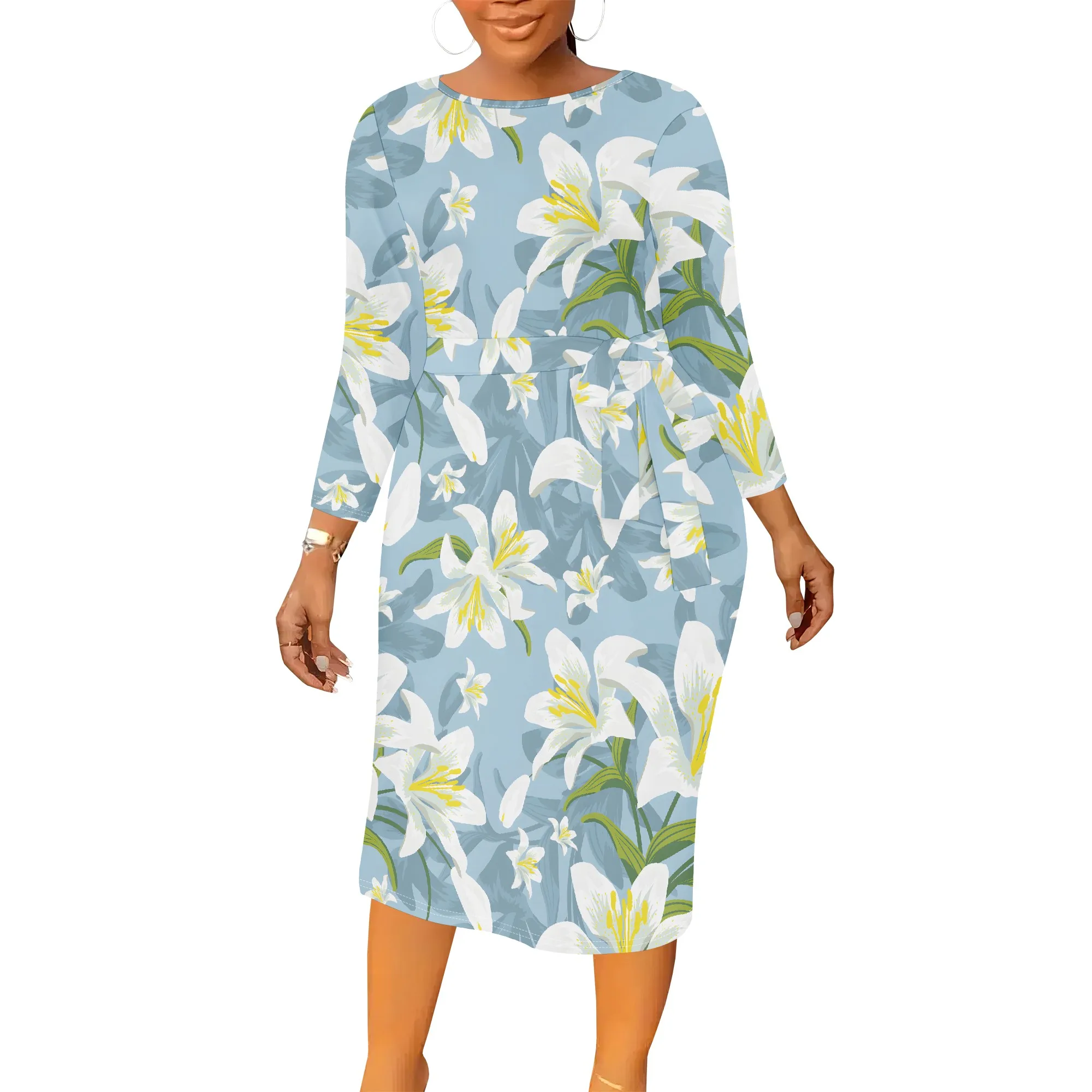 Vestido informal de talla grande con estampado de flores para mujer, vestido informal de manga larga con cuello redondo y cinturón, moda de otoño