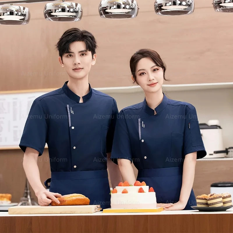 Veste de Chef d'été à manches courtes, manteau de Chef en maille respirante, uniforme noir pour hommes, vêtements de travail de Restaurant, tablier de cuisine avec Logo